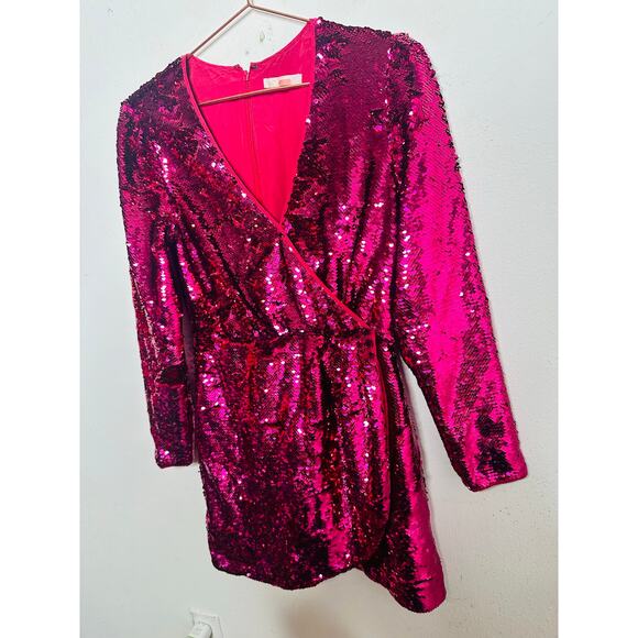 LA MAISON TALULAH Pink Sequins Long Sleeve V-Neck Sequin For Now Mini Dress L - Picture 11 of 16